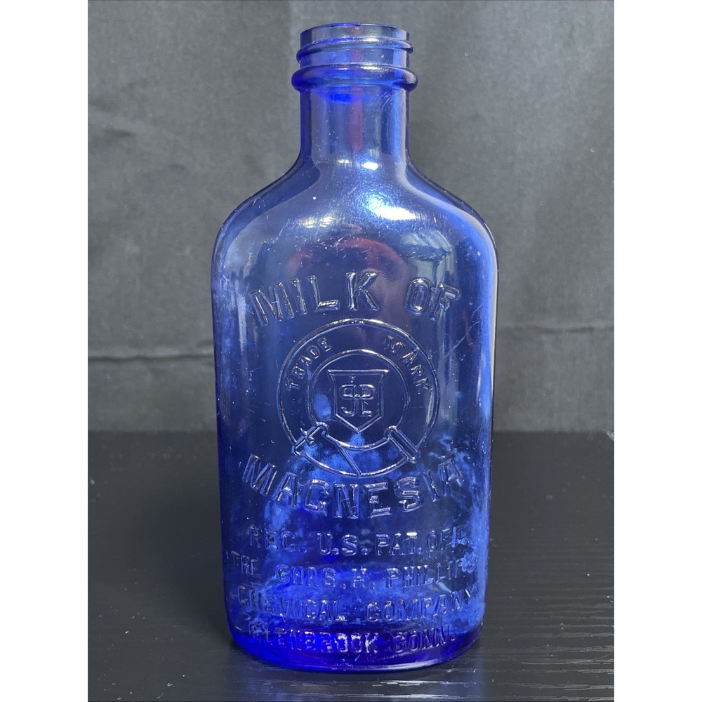 Vintage Milk of Magnesia Chas H. Phillips Chemical Co., Blue Cobalt Bottle 7in.